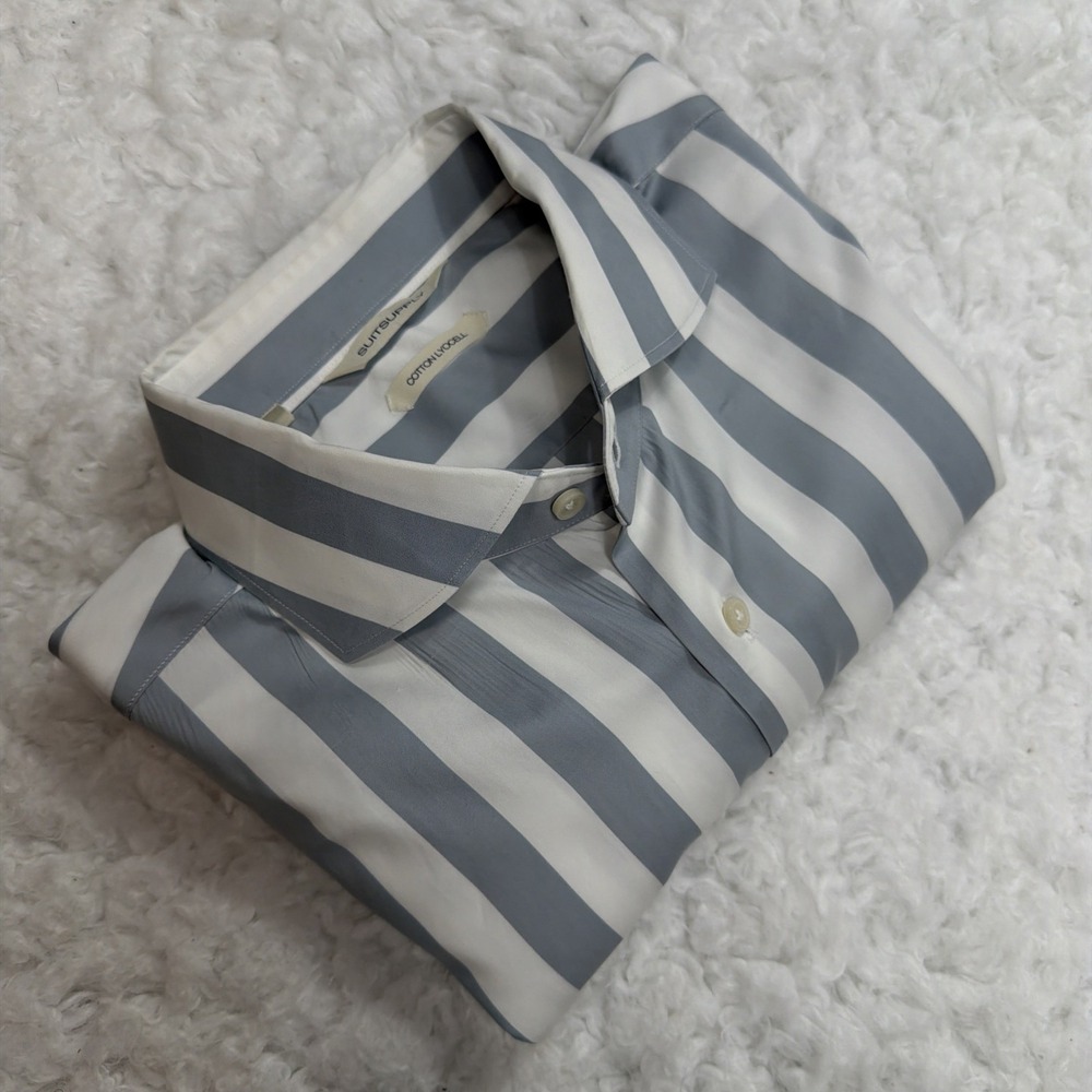 SUITSUPPLY Dress Shirt Mens White Gray Stripe Modern  43/44 Extra Slim 17/17.5